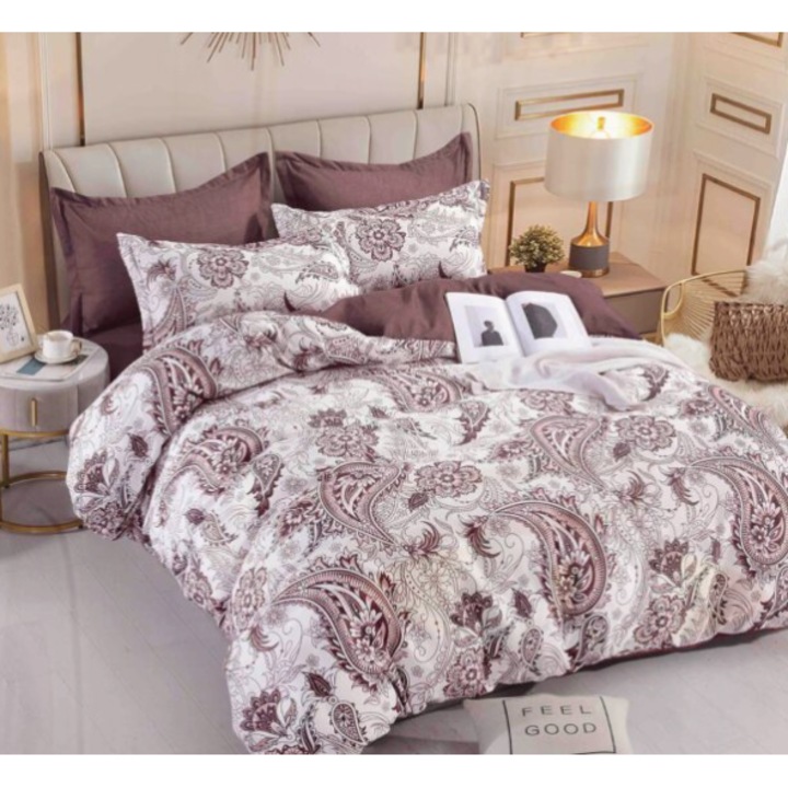 Lenjerie de pat dubla din bumbac gros finet 2 persoane, 6 piese, cearceaf de pat cu elastic maro