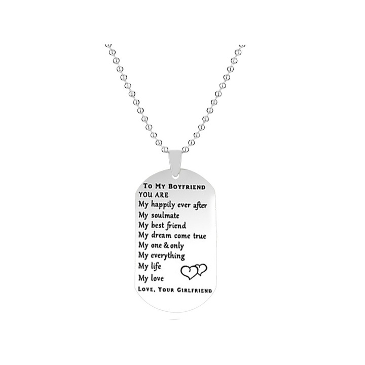 Lantisor cu pandantiv placuta army, dog tag pentru iubit cu text romantic gravat, mesaj dedicat, otel inoxidabil, Tessero, argintiu