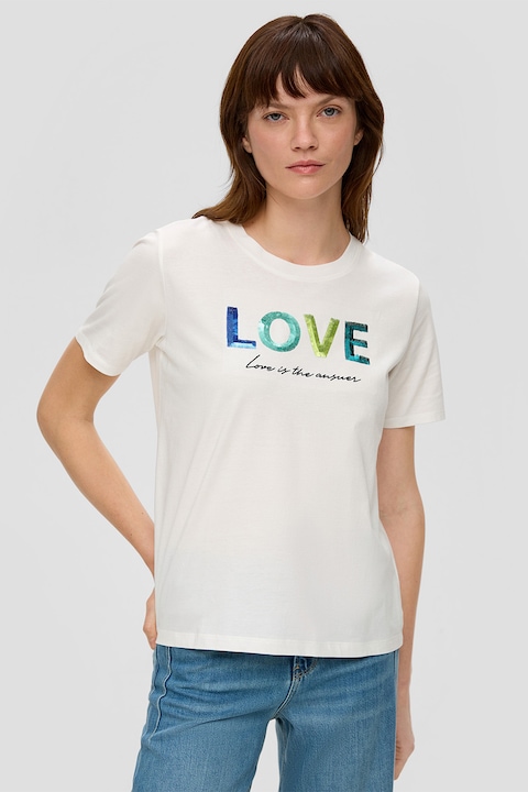 s.Oliver, Тениска с овално деколте с надписи от пайети, Бял