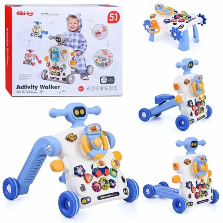 Premergator si antemergator multifunctional 5 in 1 WePro Store, mod trotineta, scuter, mers, centru de activitati si panou detasabil, tastatura muzicala, sunete si lumini, 6 luni +, Albastru