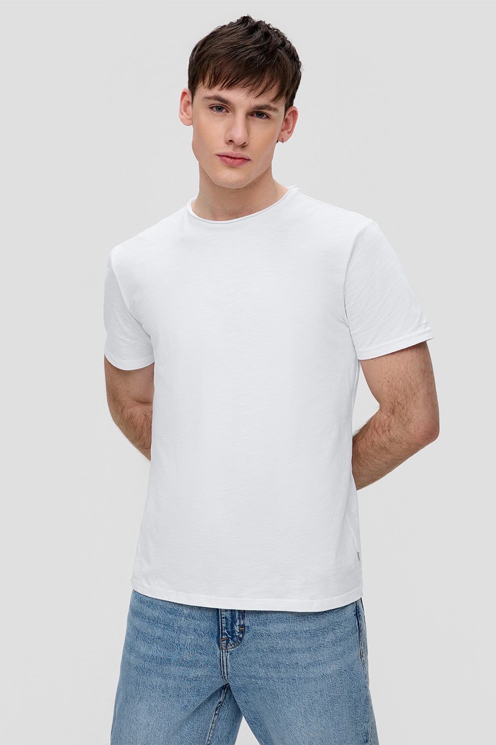 QS, Tricou de bumbac cu decolteu la baza gatului, Alb, L