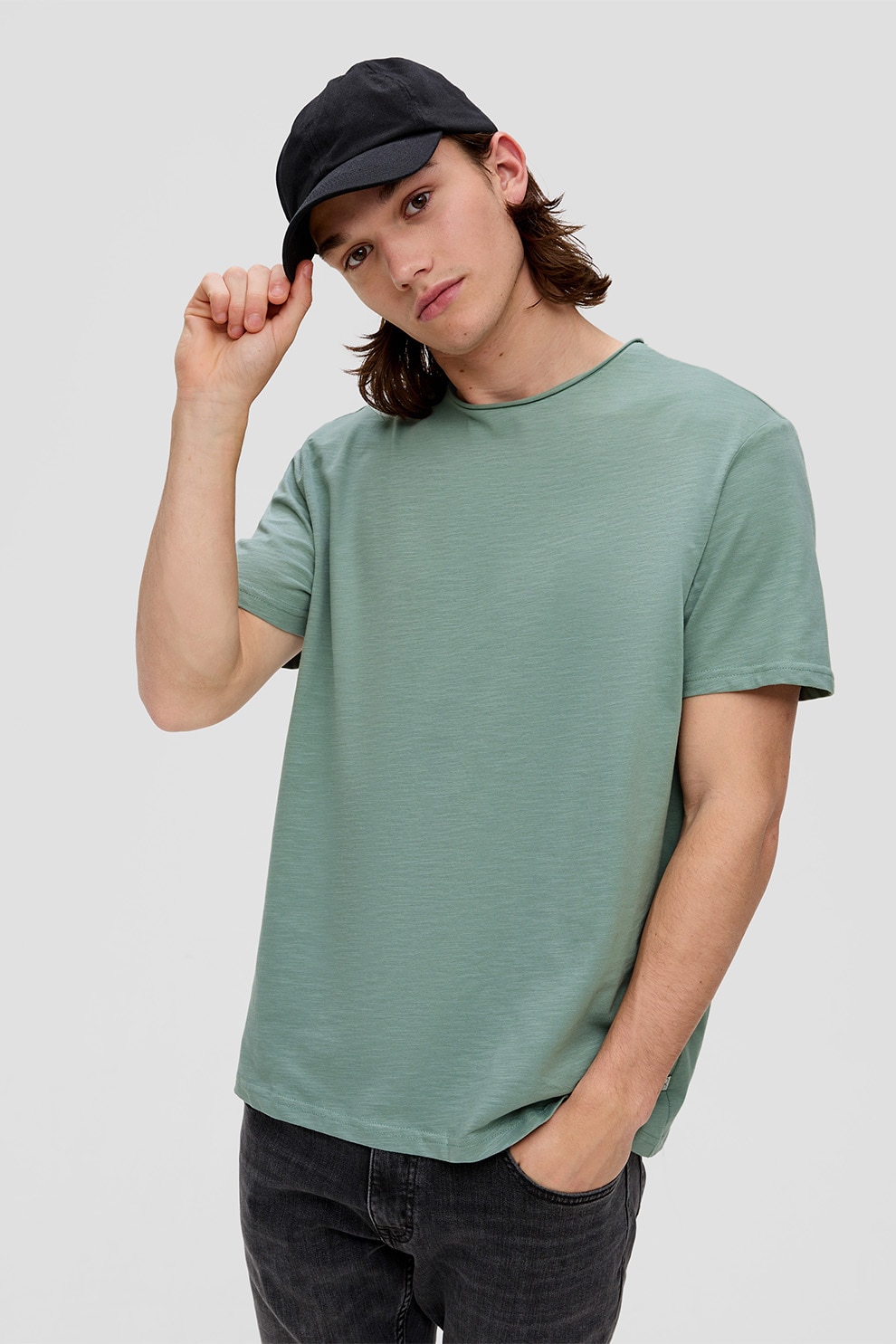 QS, Tricou de bumbac cu decolteu la baza gatului, Kaki, M