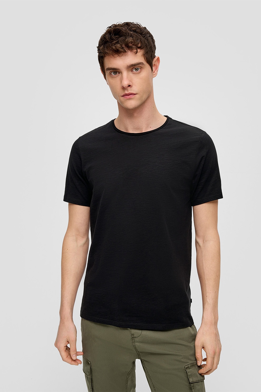QS, Tricou de bumbac cu decolteu la baza gatului, Negru, XL