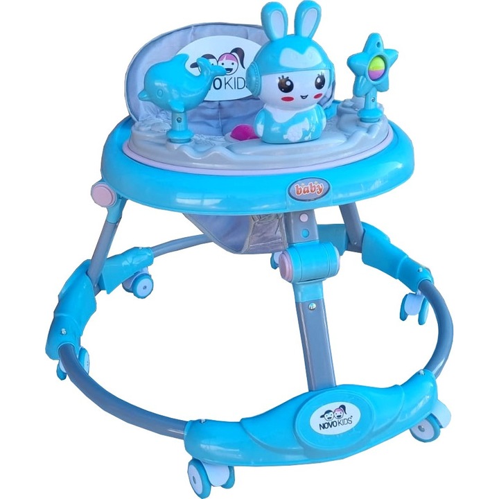 Premergator reglabil in 6 trepte de inaltime NOVOKIDS™ Happy Bunny, Cu melodii si lumini, Pliabil, Max 20 kg, Roti silentioase, Model Iepuras, Albastru