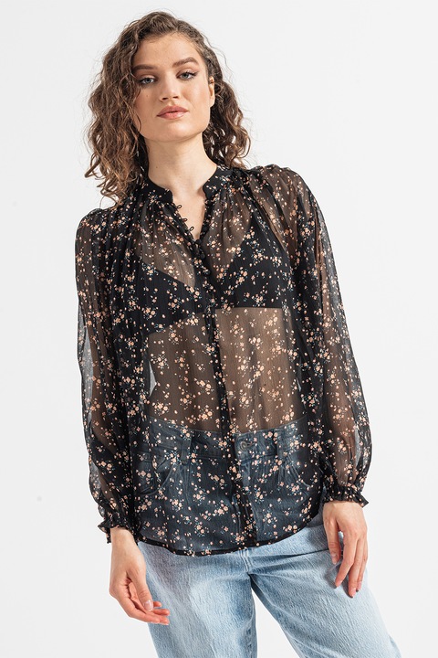 QS, Virágmintás áttetsző ing, Fekete/Barackszín, XS