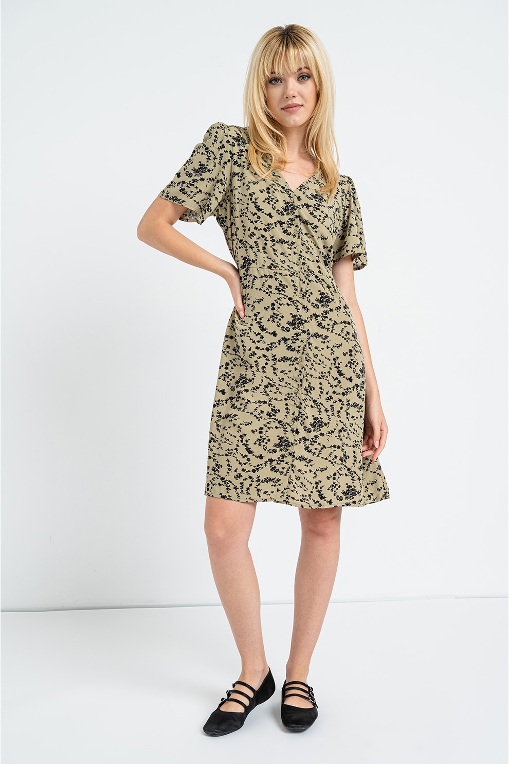 QS, Rochie cu decolteu in V si imprimeu floral, Negru, Kaki, 34