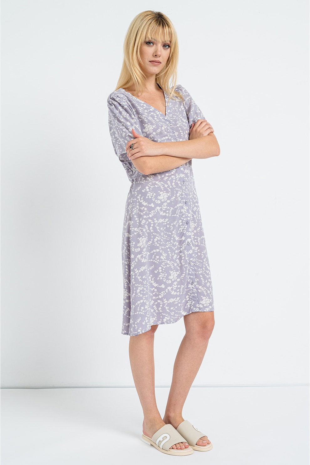QS, Rochie cu decolteu in V si imprimeu floral, Alb, Liliac prafuit, 34