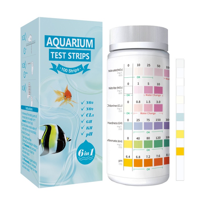 Test apa, JENUOS®, 100 Benzi de testare 6 in 1, clor liber/clor total/PH/alcalinitate/duritate/acid cianuric, util pentru acvariu, piscina