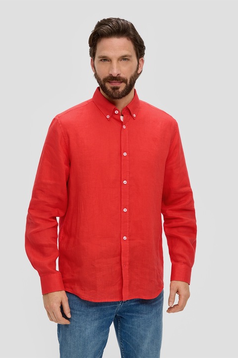 Camasa barbati din in cu maneca lunga si croiala Regular fit, s.Oliver, Portocaliu mandarina