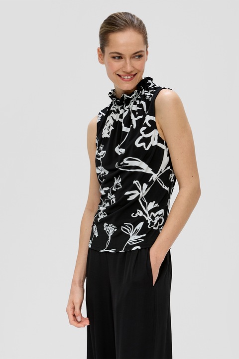 s.Oliver, Флорален топ по тялото, Бял/Черен