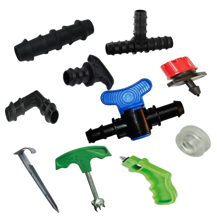 Kit fitinguri 16mm tub picurare, dop, Teu, robinet, garnitura, duza, carlig, foraj