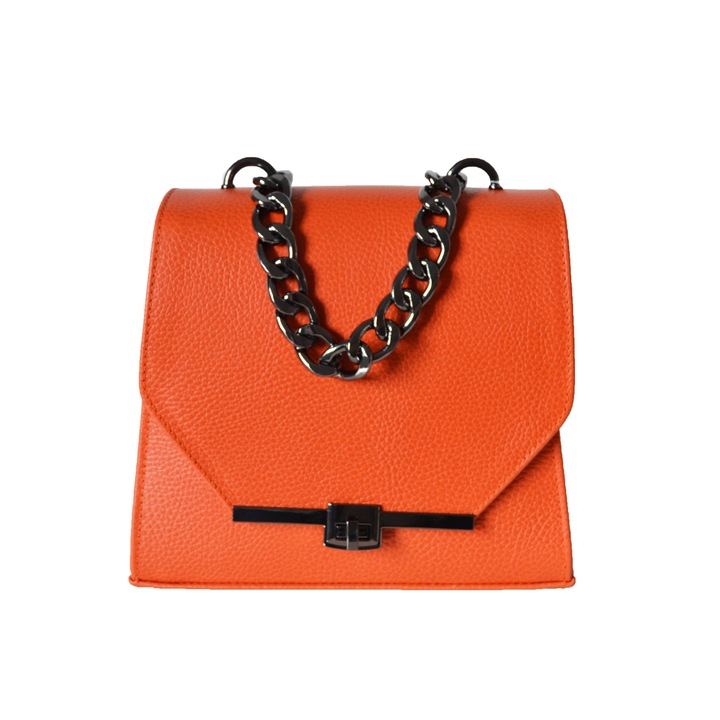 Geanta Dama, Zea, Casual Piele Naturala, Lucrata Manual, Inchidere cu Clapeta, Accesorii Negre, 20x25x10cm, orange