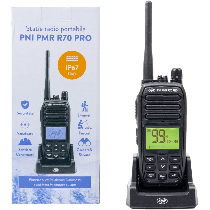 Statie radio portabila PNI PMR R70 PRO 446MHz, 16CH 0.5W, 99 canale programabile PC, tonuri 50 CTCSS si 166 DCS, IP67