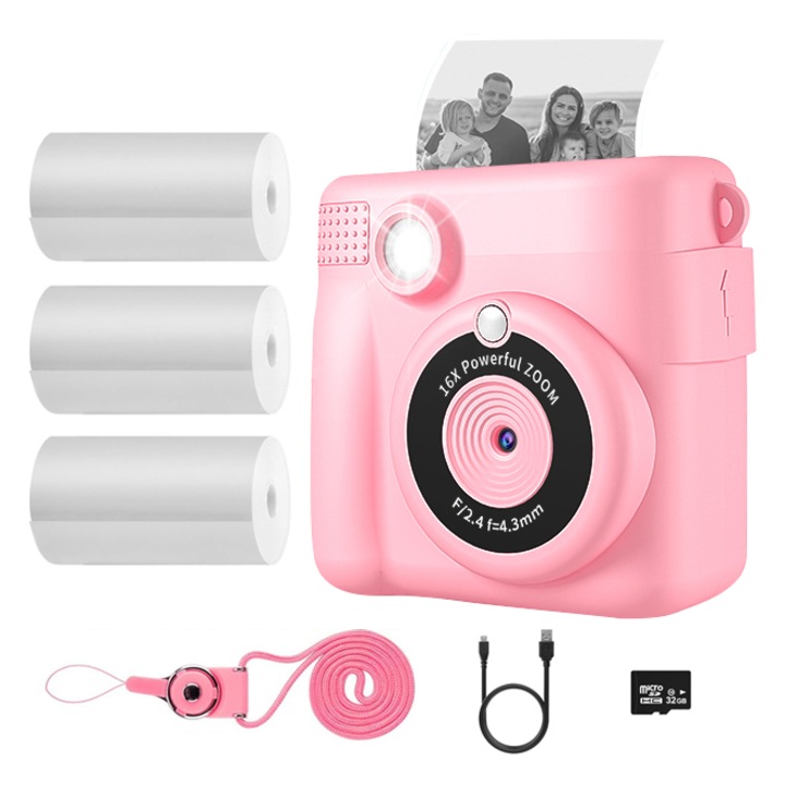 Фотоапарат за моментни снимки OUYLAF, 1080P HD 2,4 инча 1000mAh, Цифров, Детски, С 3 ролки термохартия и 32G TF карта, Розов