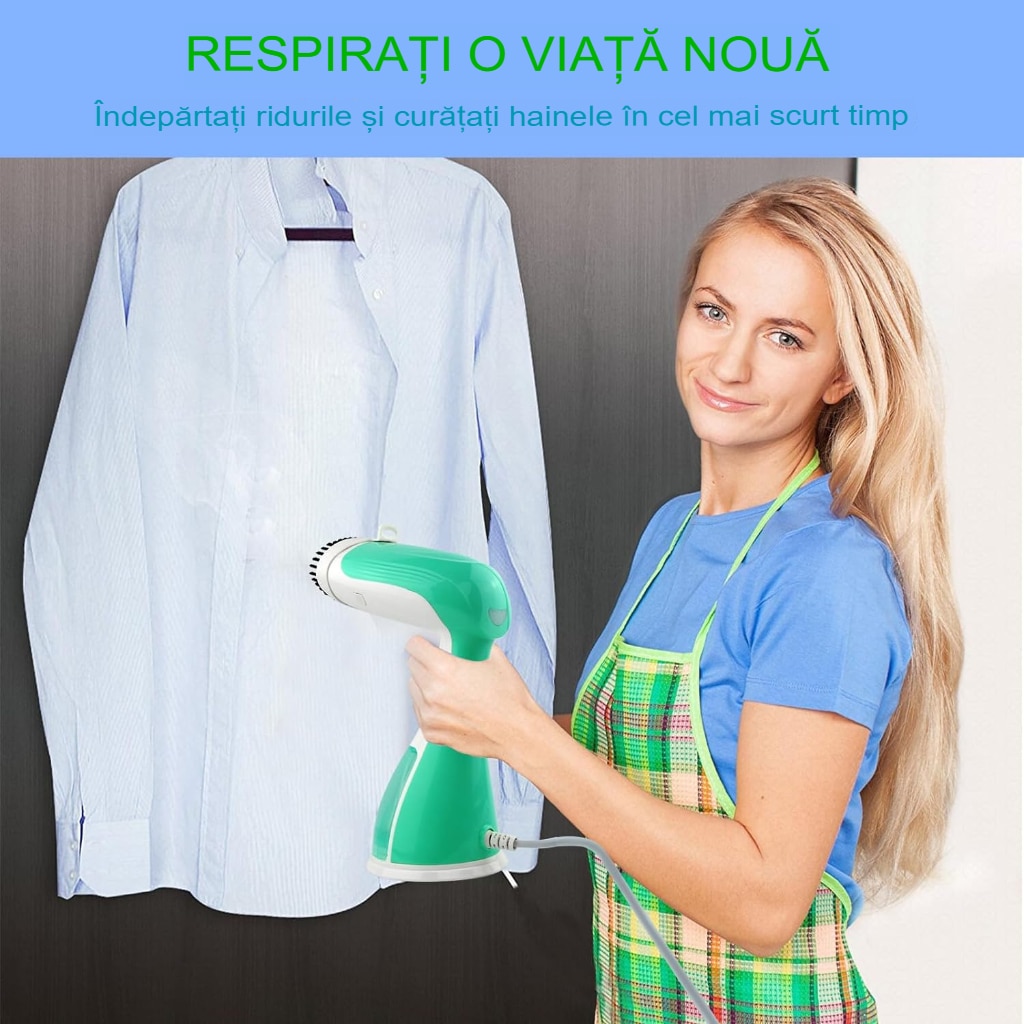 Aparat de calcat vertical cu abur Esino LC 201, 1500 W, 300 ml, Abur 27 gr/min, Alb/verde