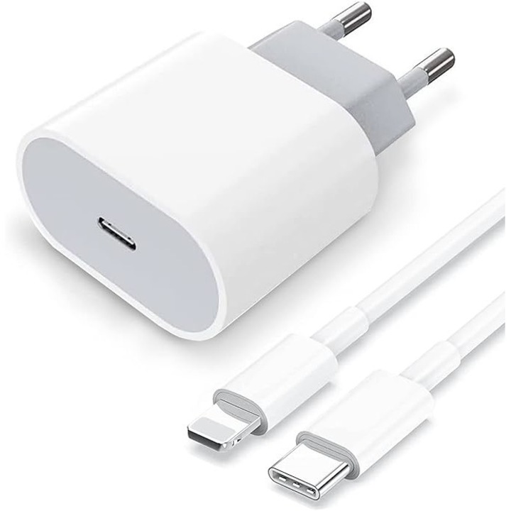 Töltő iPhone-hoz, USB-C adapter, 20 W, 1 m, Fehér