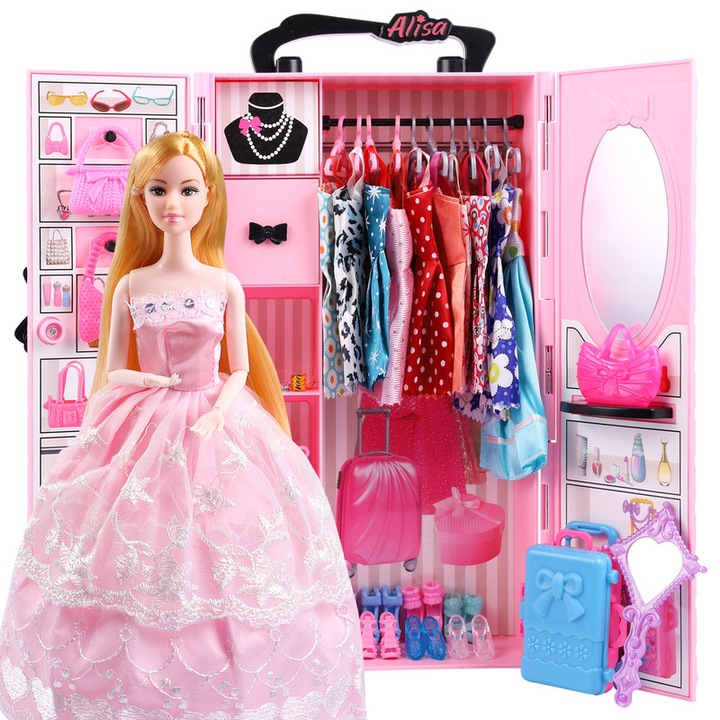 Set de joaca Barbie, WALALLA, dulap de haine pentru papusi, inclusiv haine si diverse accesorii, roz