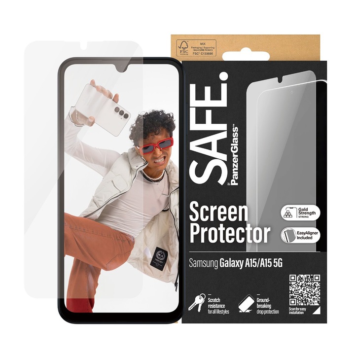 Стъклен протектор Safe за Samsung Galaxy A15, A15 5G, Re-glass, UWF, Черен