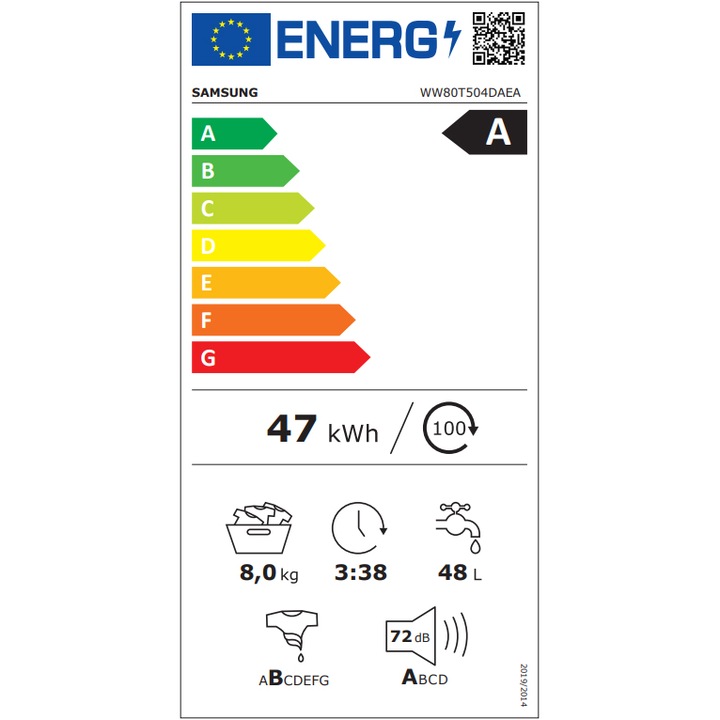 Masina de spalat rufe Samsung WW80T504DAEAS7, 8 kg, 1400 rpm, Clasa A, AI Control, Steam, Eco Bubble, Drum Clean, Motor Digital Inverter, Wifi, AI Energy, Smart Control, Alb