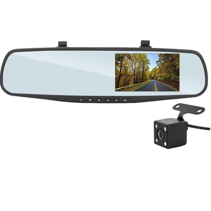 Set camera auto DVR cu oglinda retrovizoare, LTC, Full HD, ecran 4.3", senzor de miscare
