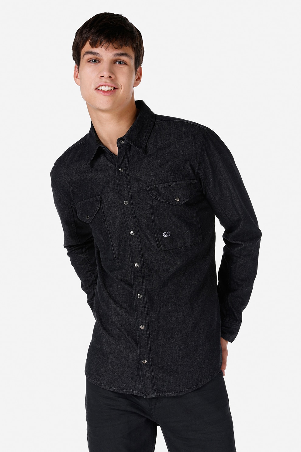 COLIN'S, Camasa din denim cu capse, Negru, XS