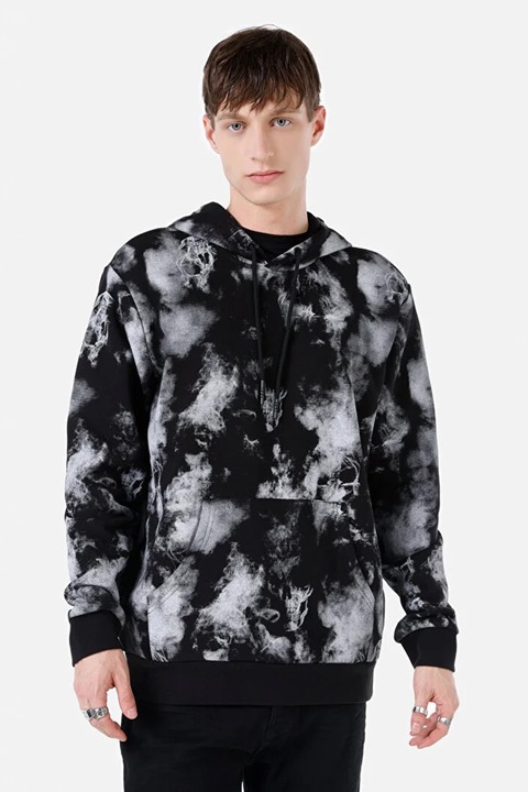 COLIN'S, Hanorac cu snur de ajustare si model tie-dye, Alb/Negru