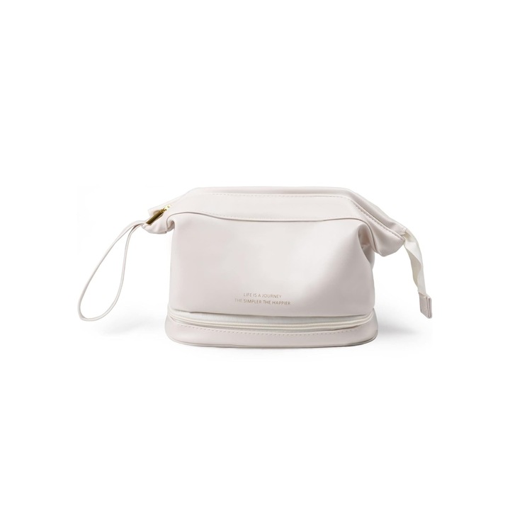 Utazó kozmetikai táska, 2 rekeszes, ökológiai bőr, 24x18x14 cm, fehér