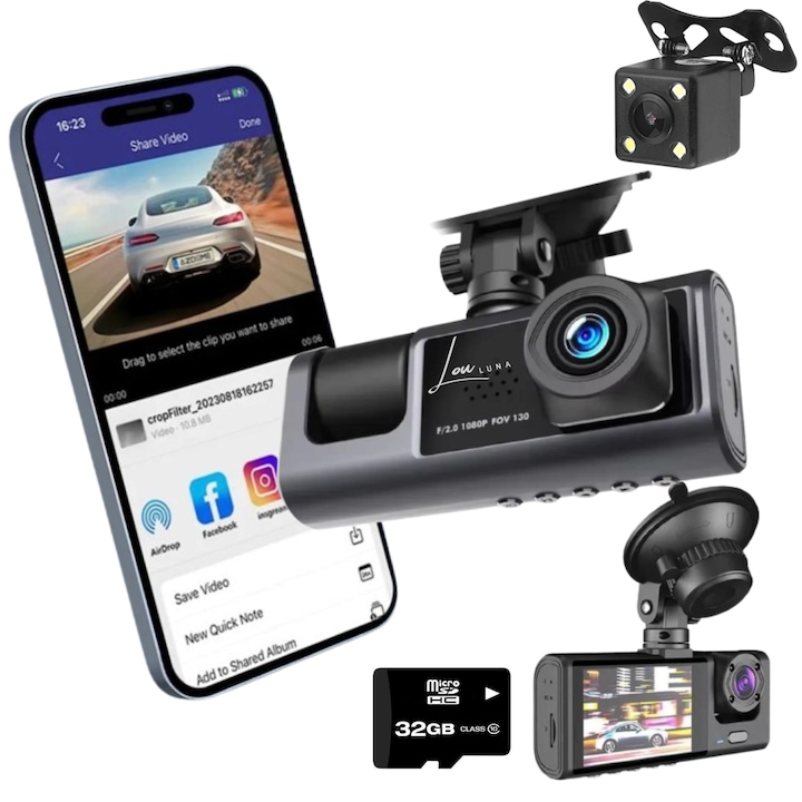 Camera auto de bord, Louluna, si card de memorie 32 GB, Wifi, Aplicatie Android, IOS, Full HD 1080P, Unghi inregistrare 170°, Ecran LCD, G-sensor, Vedere Nocturna, Senzor de miscare, Negru