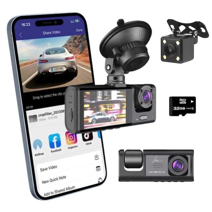 Камера за таблото на автомобила, Louluna и 32 GB карта с памет, Wifi, Android, IOS приложение, Full HD 1080P, 170° ъгъл на запис, LCD екран, G-сензор, Нощно виждане, Сензор за движение, Черен