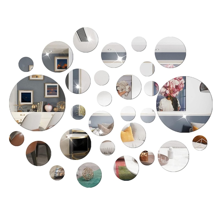 Комплект от 36 огледала от акрилно стъкло, Axroad Mall, Кръгъл модел, Водоустойчив, Интериорен дизайн, Лесен за почистване и поддръжка, За декорация на домашен хол, спалня, диван, Няколко размера, Сребро