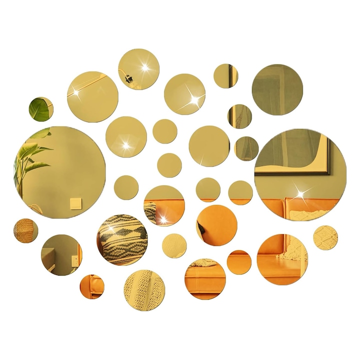 Комплект от 36 огледала от акрилно стъкло, Axroad Mall, Кръгъл модел, Водоустойчив, Интериорен дизайн, Лесен за почистване и поддръжка, За декорация на домашна всекидневна, спалня, диван, Няколко размера, Злато