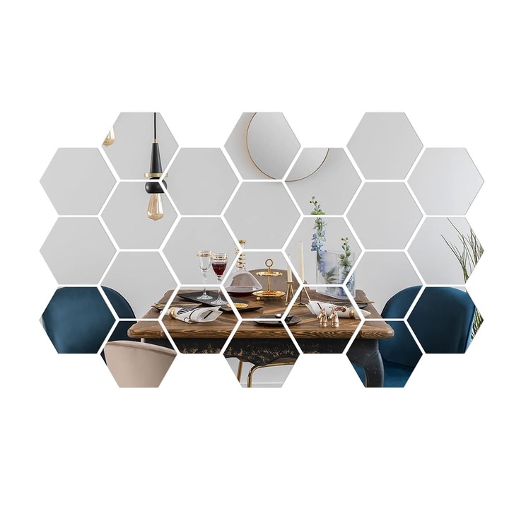 Комплект от 24 шестоъгълни огледални стикера за стена, Axroad Mall, Водоустойчиви, Интериорен дизайн, Лесни за почистване и поддръжка, За декорация на домашна всекидневна, спалня, диван, Акрил, 100*87*50 mm, Сребърен