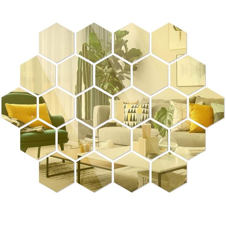 Set 24 hexagonale autocolante de perete tip oglinda, Axroad Mall, Rezistent la apa, Design interior, Usor de curatat si intretinut, Pentru acasa camera de zi dormitor canapea decorare, Acril, 100*87*50 mm, Auriu