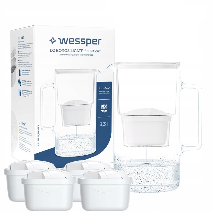 Комплект кана за филтриране с 5 филтъра Wessper, 3,3 л, бяла/прозрачна