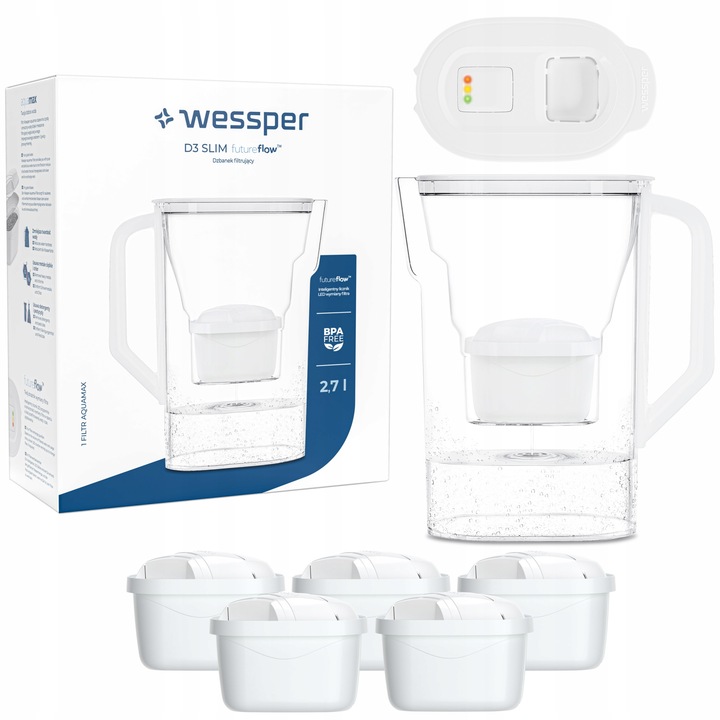 Cana filtranta + Set 6 filtre apa, Wessper, Transparent/Alb