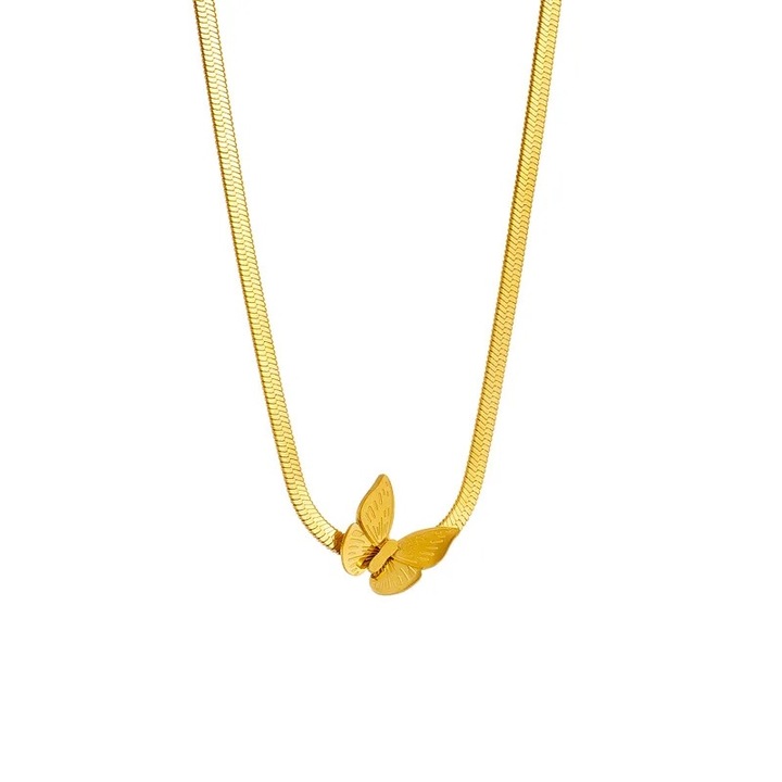 Colier auriu, din otel inoxidabil placat cu aur 18K, tip snake chain, cu pandantiv fluture, Martha