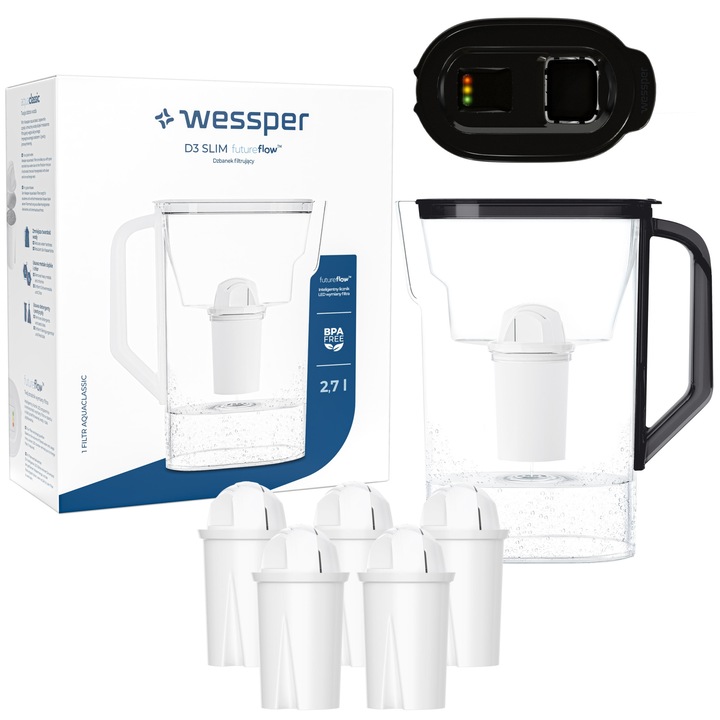 Set sticla filtranta + 6 filtre de schimb, Wessper, Alb/ Negru
