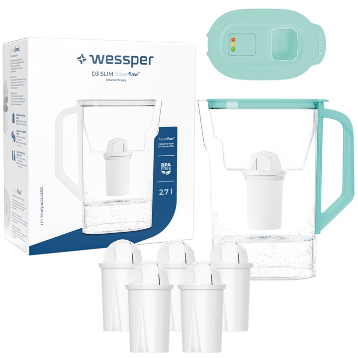 Set cana filtranta cu 6 filtre de schimb, Wessper, Alb/Albastru
