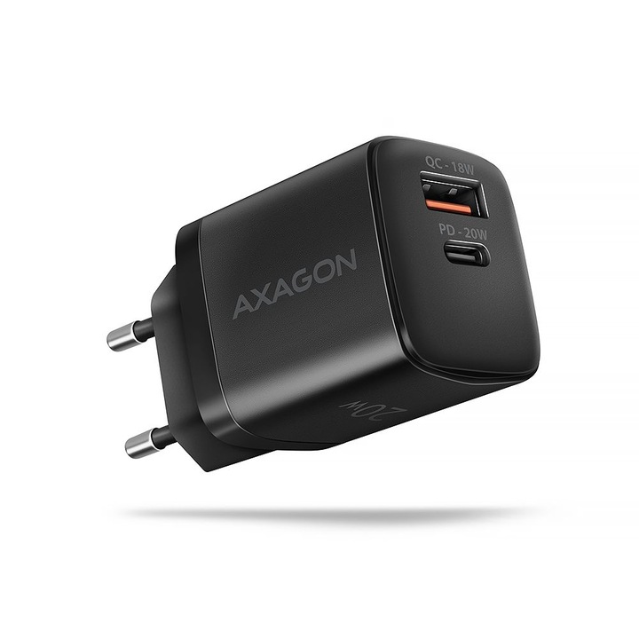 Axagon ACU-PQ20 hálózati USB töltő, 1x USB-C, 1x USB-A kimenet, QC gyorstöltés, PD 20W, fekete