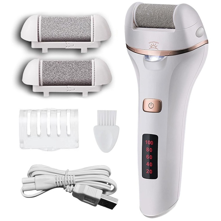 Set pila electrica pentru talpi si calcaie, Hggzeg, Display digital, Acumulator 1200 mAh, LED lanterna, Rezistent la apa IPX5, 2 viteze, Incarcare USB, 2 capete incluse, Indepartare piele moarta si calus, 6*15.3 cm, Alb