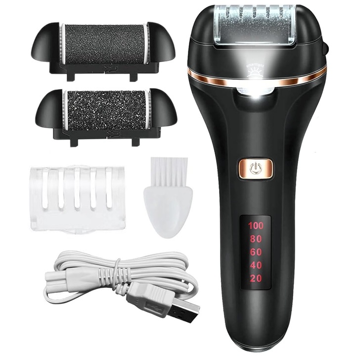 Set pila electrica pentru talpi si calcaie, Hggzeg, Display digital, Acumulator 1200 mAh, LED lanterna, Rezistent la apa IPX5, 2 viteze, Incarcare USB, 2 capete incluse, Indepartare piele moarta si calus, 6*15.3 cm, Negru