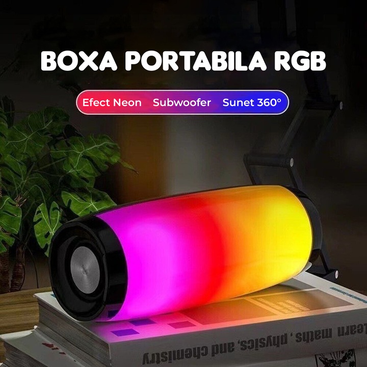 Boxa portabila cu lumini RGB, Bluetooth, Sunet surround 360, 1200mah, Waterproof