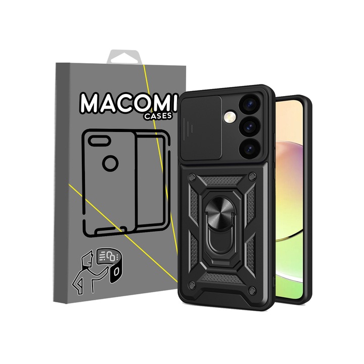 Macomi CamShield Case за Samsung S24, мек TPU със стоманени вложки, система на капака на камерата, пръстен за захващане и стойка, черен