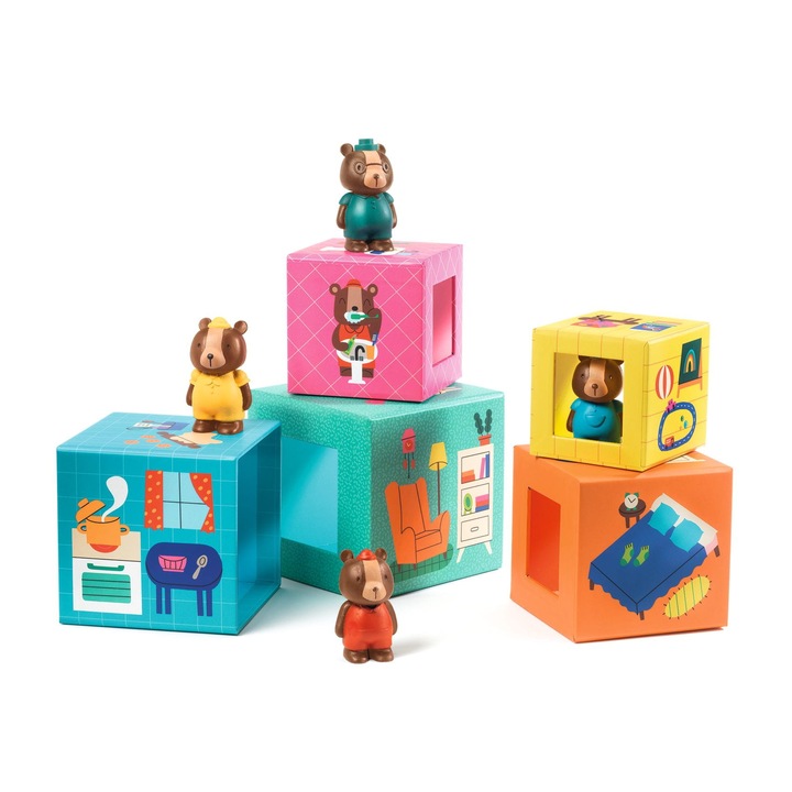 Set blocuri de carton, Djeco, Cu 4 figurine, Multicolor