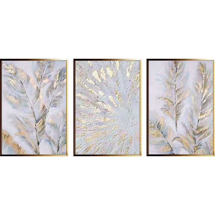 Tablouri set pictate manual in ulei pe panza, pictura in cutit, Ramuri stralucitoare abstracte, 150x70cm, gri alb auriu, 3 piese