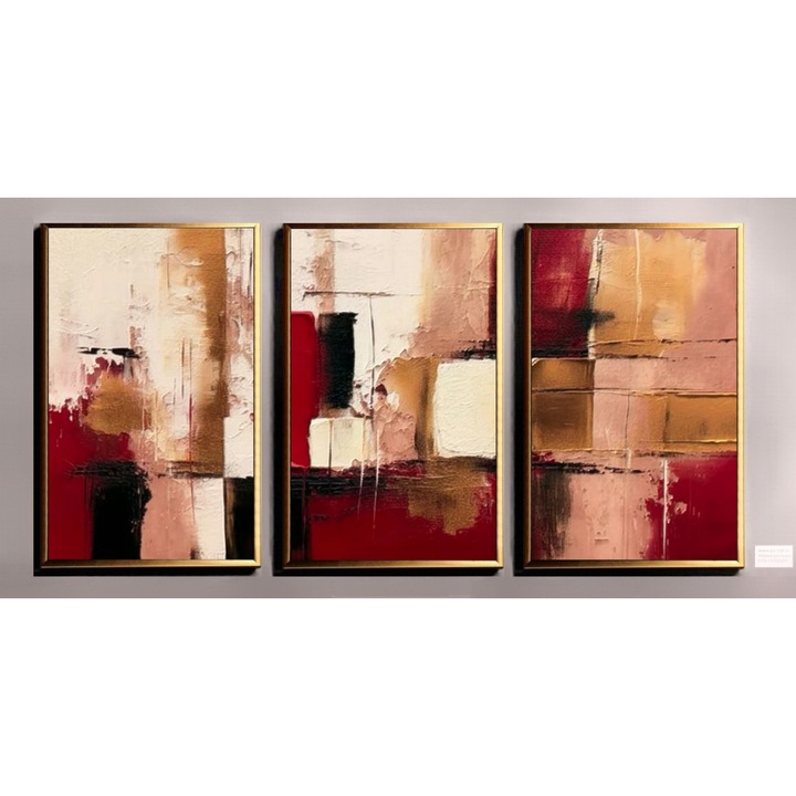 Tablouri pictate manual in ulei pe panza, pictura in cutit, textura impasto, Implinire, burgund, auriu, roz prafuit, 150x70cm, 3 piese