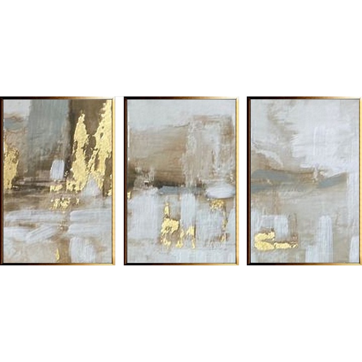 Tablouri set pictate manual in ulei pe panza, pictura in cutit, abstract, 150x70cm, grej, auriu, bej, Peisaj Enigmatic 3 piese