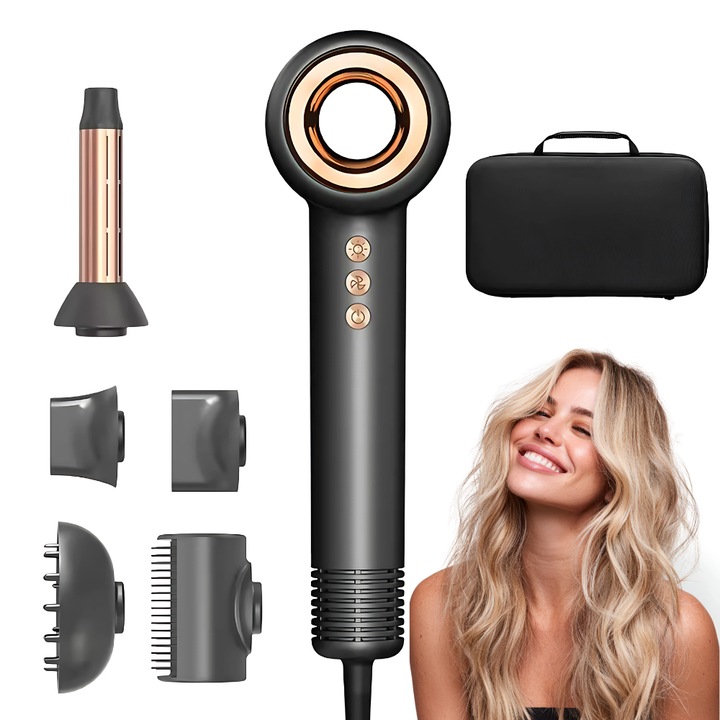 Uscator de Par Profesional LANSAM PRO LS6001, 1400W, 110000 RPM, Tehnologie Ioni Negativi, 5 Duze Magnetice, 4 Viteze, 5 Trepte Temperatura, Functii Smart, Geanta Inclusa, Gri Mat