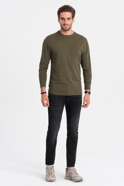 OMBRE, Памучна блуза с овално деколте, Маслинено зелено