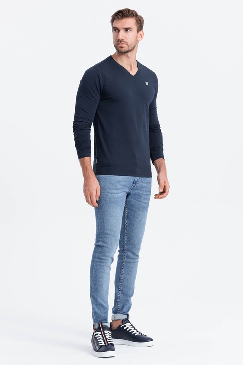 OMBRE, Блуза с шпиц и лого, Тъмносин